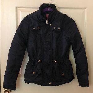blue hooded jacket with zipper closure and buttons